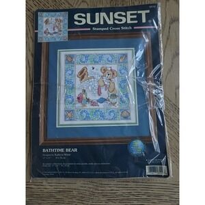 Vintage Sunset BATHTIME BEAR Stamped Cross Stitch Kit 13112 New 1999 Dimensions